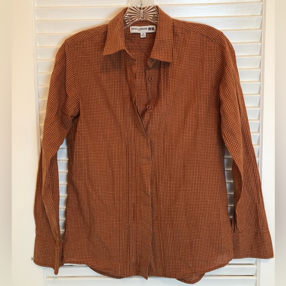 Uniqlo x Ines de la Fressange orange white cotton blouse sz XS